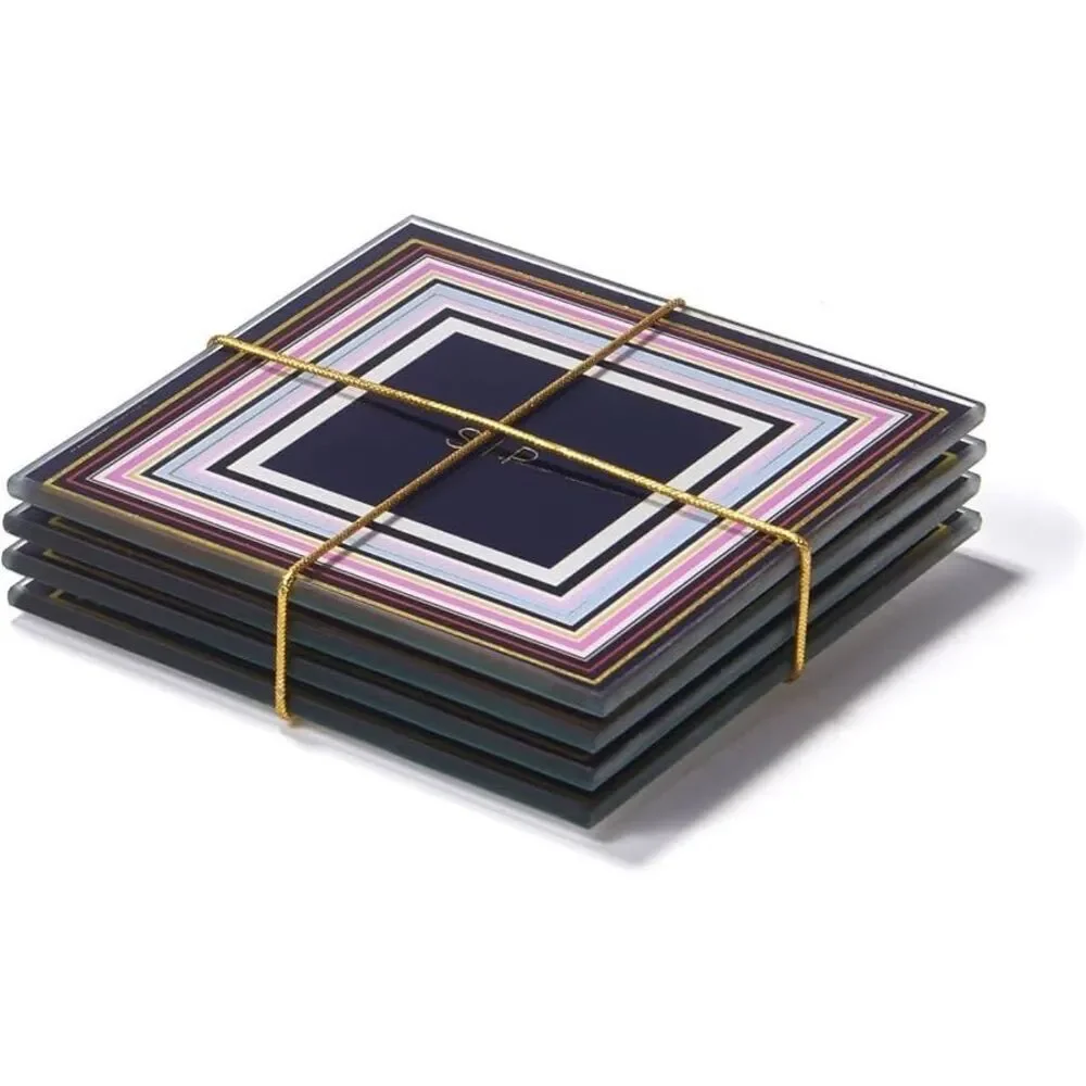 Trina Turk Glass Coasters Set 4 Gold White Bar Cart Decor Hostess Gift NWT